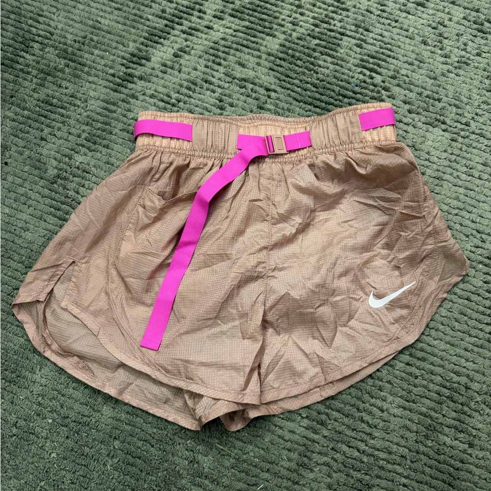 Nike Women's Tan Running Shorts with Pink Accents